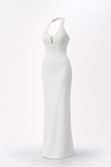 Abendkleid mit Neckholder und Perlenverzierungen